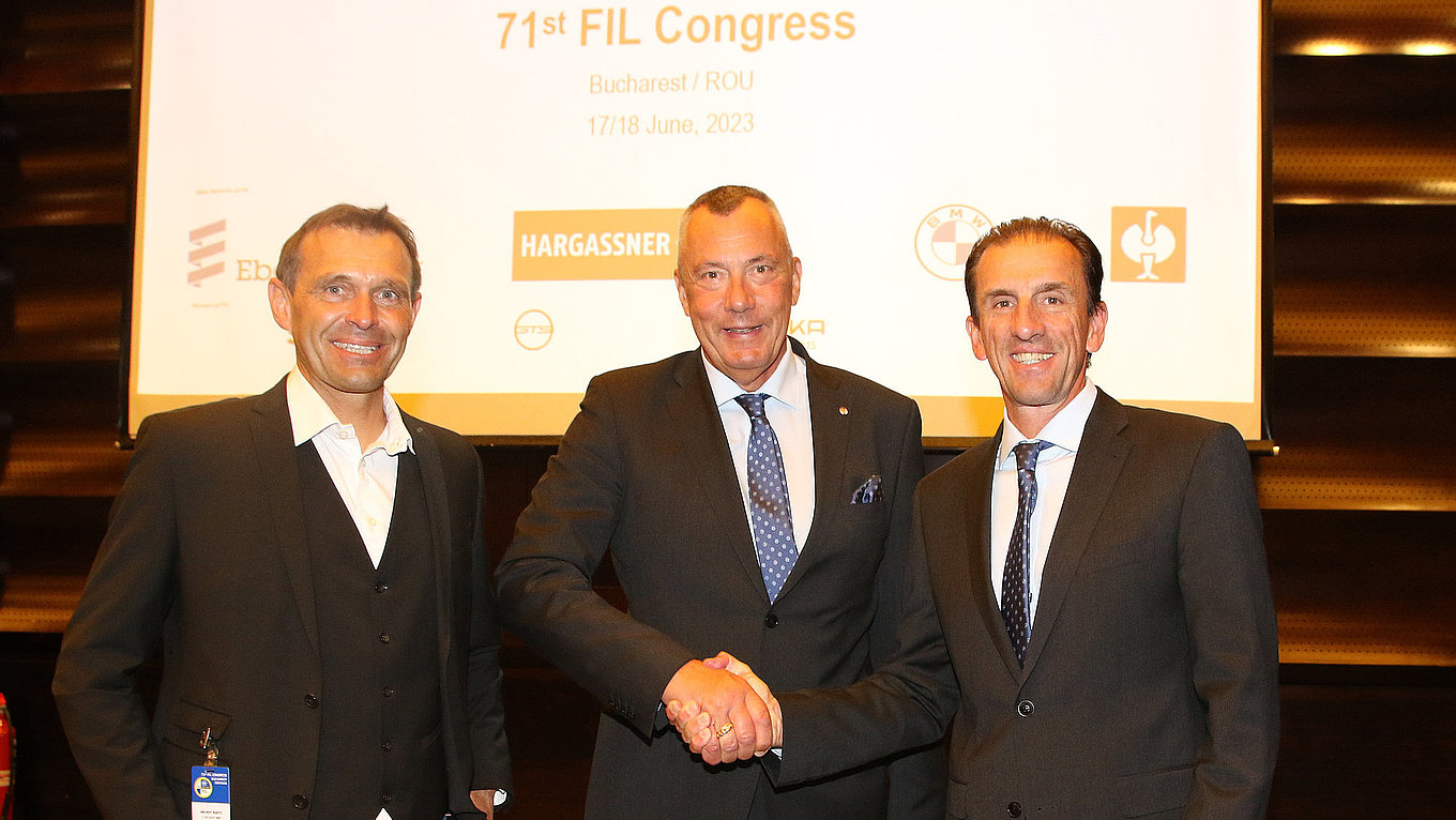 ÖRV-Generalsekretär Helmut Ruetz, FIL-Präsident Einars Fogelis und ÖRV-Präsident Markus Prock ÖRV-Generalsekretär Helmut Ruetz, FIL-Präsident Einars Fogelis und ÖRV-Präsident Markus Prock
